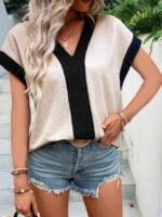 Wholesale Contrasting Color V Neck Loose Casual Blouse