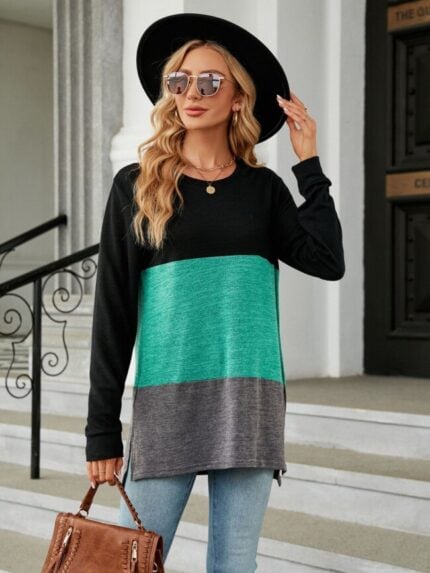 Wholesale Crew Neck Color Block Long Sleeve T-shirt