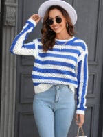 Wholesale Cutout Striped Crewneck Knit Sweater