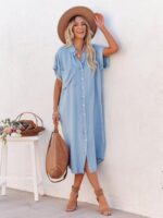 Wholesale Denim Short Sleeve Slit Shirt Dress