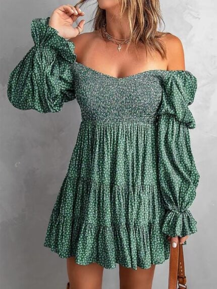 Wholesale Floral Off-Shoulder Ruffle Sleeve Dress