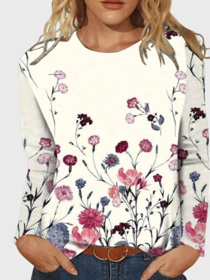 Wholesale Floral Print Round Neck Long Sleeve T-Shirt