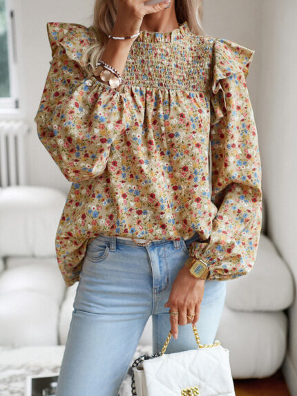 Wholesale Floral Ruffle Puff Sleeve Blouse