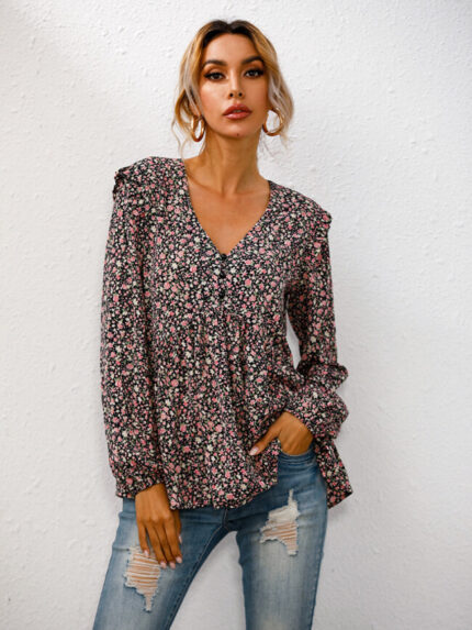 Wholesale Floral V-neck Puff Sleeve Blouse