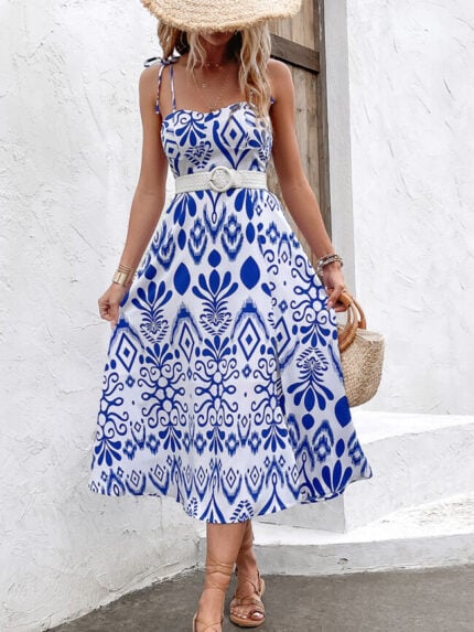 Wholesale High Waist Slit Printed Slip Dress