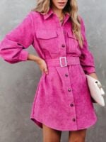 Wholesale Lapel Belt Corduroy Shirt Dress