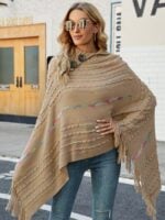 Wholesale Lapel Button Fringed Knit Cape