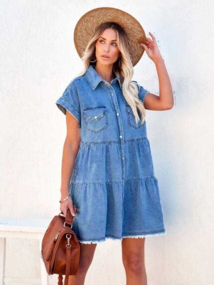 Wholesale Lapel Short Sleeve Denim Dress