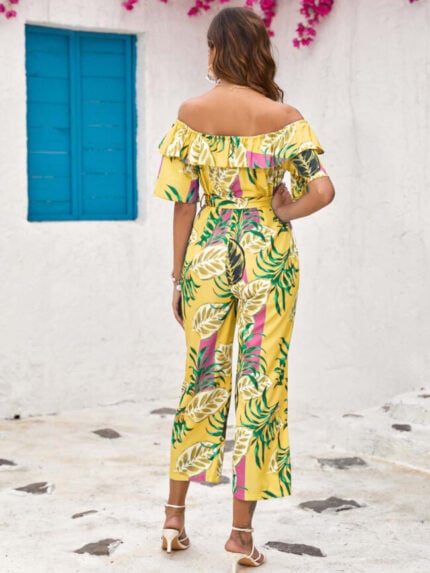 Wholesale Leaf Ruffle Short Sleeve Print Jumpsuit