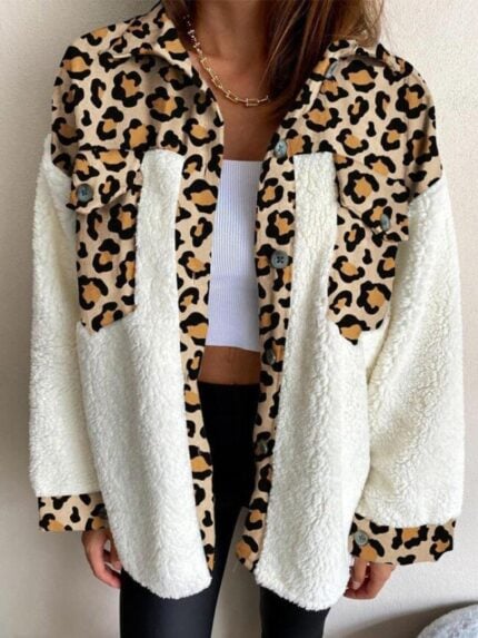 Wholesale Leopard Panel Button Plush Jacket