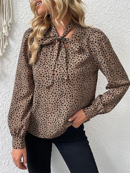 Wholesale Leopard Print Lace Up Long Sleeve Blouse