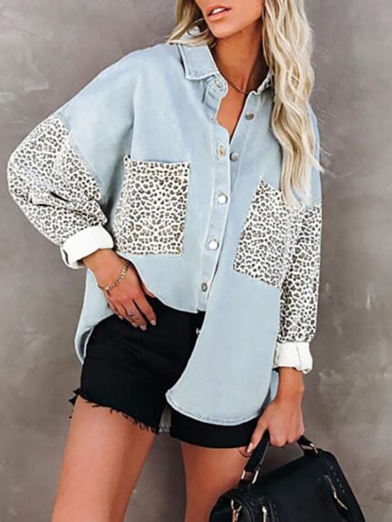 Wholesale Leopard Print Pocket Long Sleeve Shirt