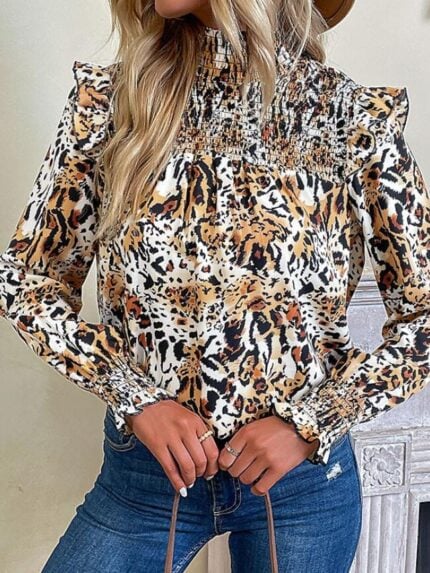 Wholesale Leopard Print Turtleneck Ruffle Sleeve Blouse