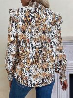 Wholesale Leopard Print Turtleneck Ruffle Sleeve Blouse