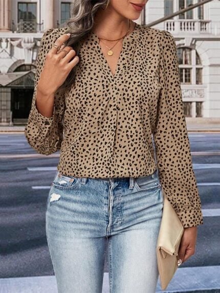 Wholesale Leopard Print V-Neck Long Sleeve Blouse