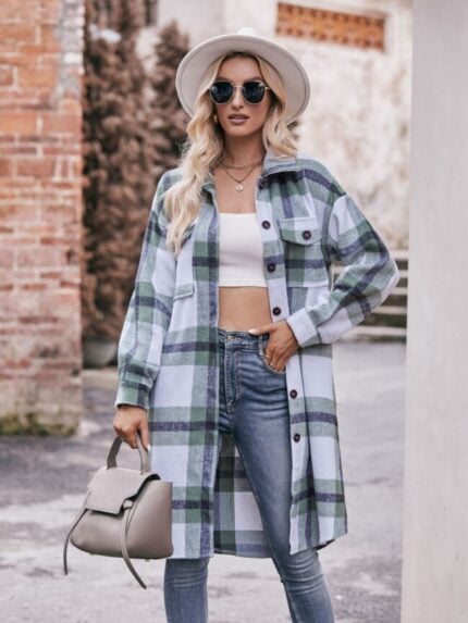 Wholesale Plaid Lapel Button Long Jacket