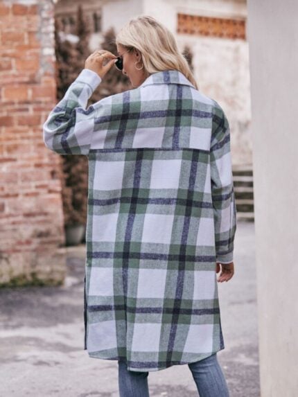 Wholesale Plaid Lapel Button Long Jacket