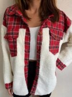 Wholesale Plaid Panel Button Plush Jacket