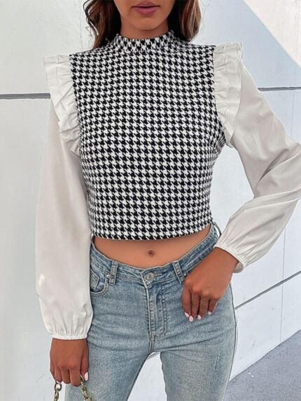 Wholesale Plaid Panel Puff Sleeve Blouse