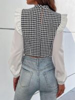 Wholesale Plaid Panel Puff Sleeve Blouse