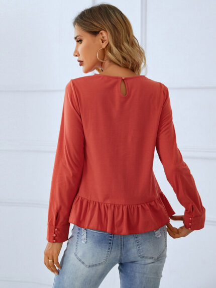 Wholesale Pleated Panel Round Neck Long Sleeve T-Shirt