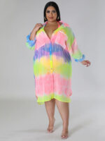 Wholesale Plus Tie Dye Loose Lapel Button Shirt Dress