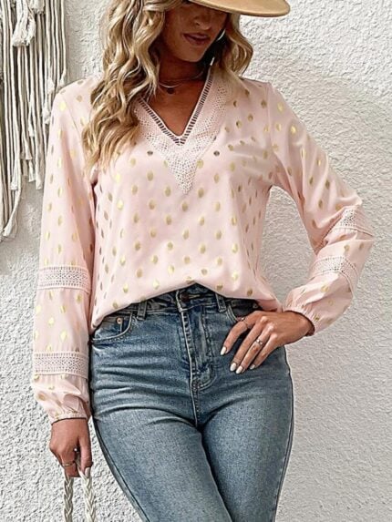 Wholesale Polka Dot V-neck Lace Paneling Blouse