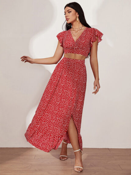 Wholesale Polka Dot V-neck Ruffle Skirt Two Piece Set