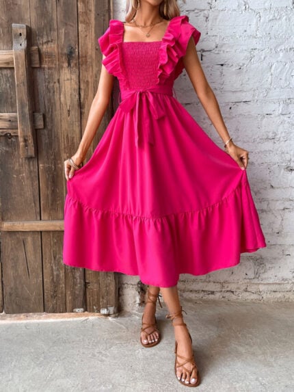 Wholesale Rose Red Square Neck Ruffle Dress