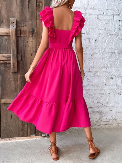 Wholesale Rose Red Square Neck Ruffle Dress