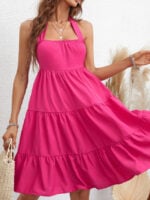 Wholesale Rose Red Sweet Halter Neck Backless Dress