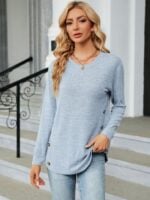 Wholesale Round Neck Long Sleeve Loose Button T-Shirt