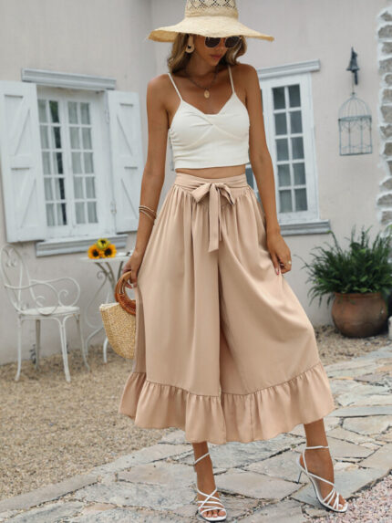 Wholesale Ruffled Belted Wide-leg Pants