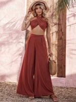 Wholesale Sexy Halter Neck Top Wide Leg Pants Two-Piece Set