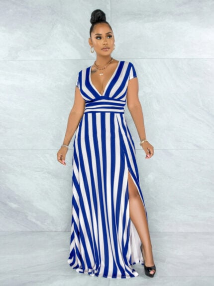 Wholesale Sexy V Neck Striped Slit Dress