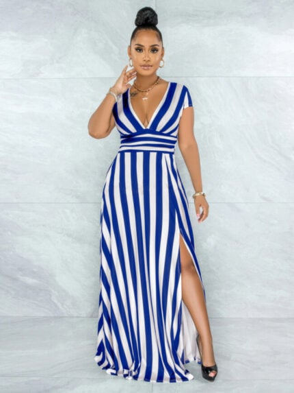 Wholesale Sexy V Neck Striped Slit Dress