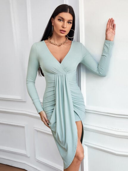 Wholesale Sexy V-neck Irregular Pleated Dress