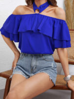 Wholesale Solid Color Halter Neck Off-Shoulder Ruffle Top