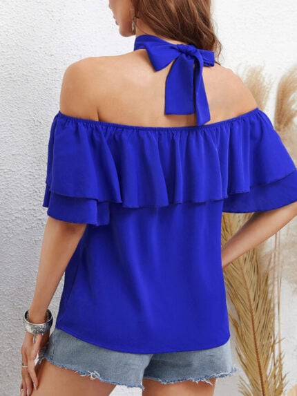 Wholesale Solid Color Halter Neck Off-Shoulder Ruffle Top