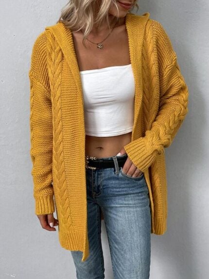 Wholesale Solid Color Hooded Twist-Knit Cardigan