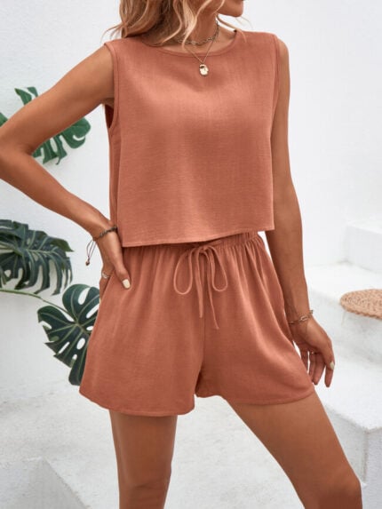 Wholesale Solid Color Sleeveless Causal Two Piece Set