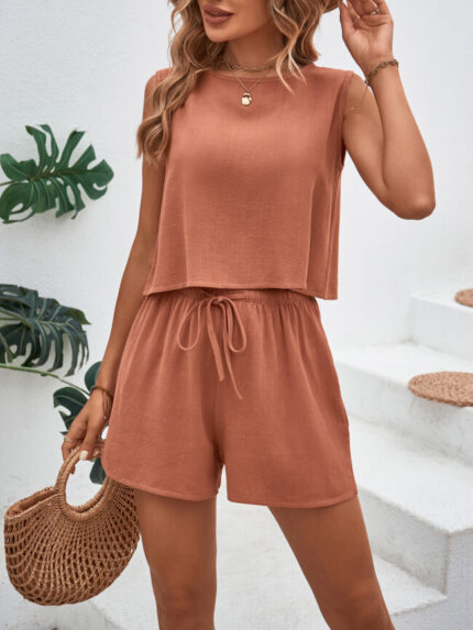 Wholesale Solid Color Sleeveless Causal Two Piece Set