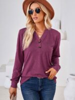 Wholesale Solid Color V Neck Button Long Sleeve T-Shirt