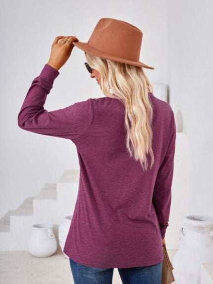 Wholesale Solid Color V Neck Button Long Sleeve T-Shirt