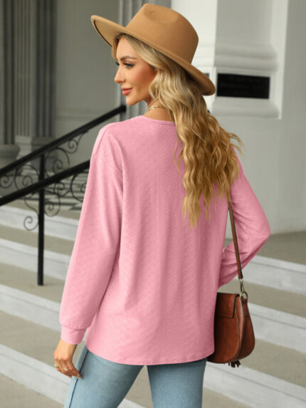 Wholesale Solid Color V Neck Button Loose Long Sleeve Top