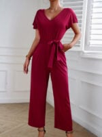 Wholesale Solid Color V Neck Causal Jumpsuit