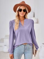 Wholesale Solid Color V Neck Jacquard Long Sleeve T-Shirt