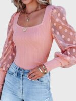 Wholesale Square Neck Mesh Polka Dot Splicing Top