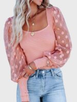 Wholesale Square Neck Mesh Polka Dot Splicing Top