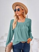 Wholesale Square Neck Pleated Long Sleeve T-Shirt